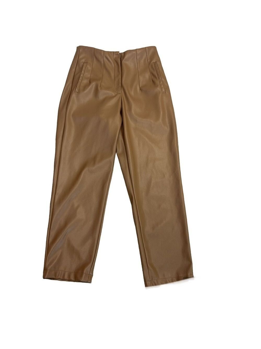 Aaron & Amber camel brown faux leather high waisted pleated pants Sz M